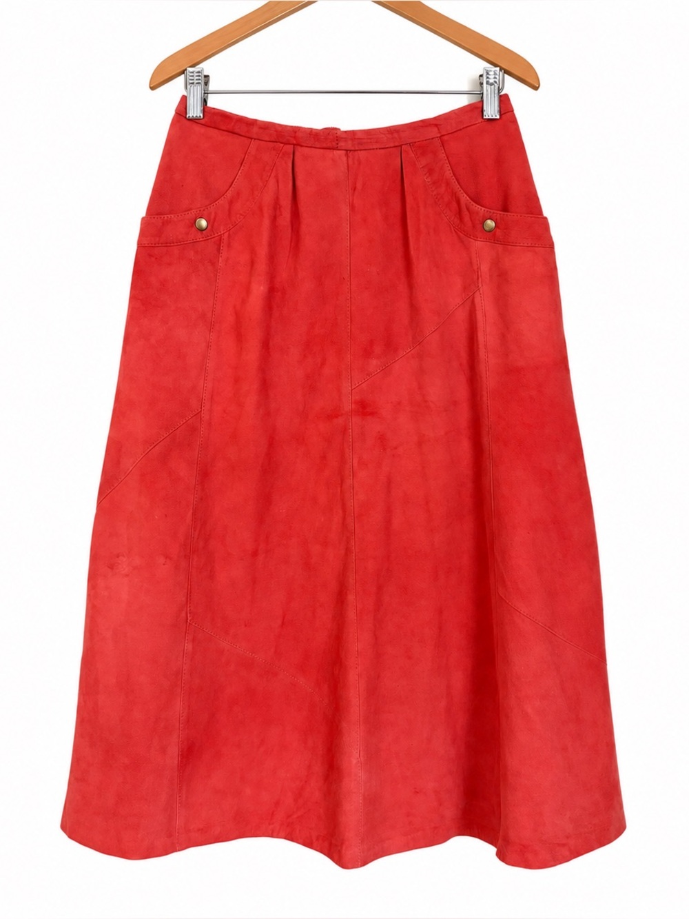 Vintage Friitala Finland Red Suede Leather Midi Skirt High Waisted 70s A-Line